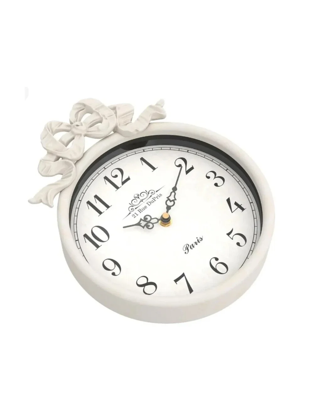 NWT French Country Shabby Chic Bow Decor Round Wall Clock In Off-White